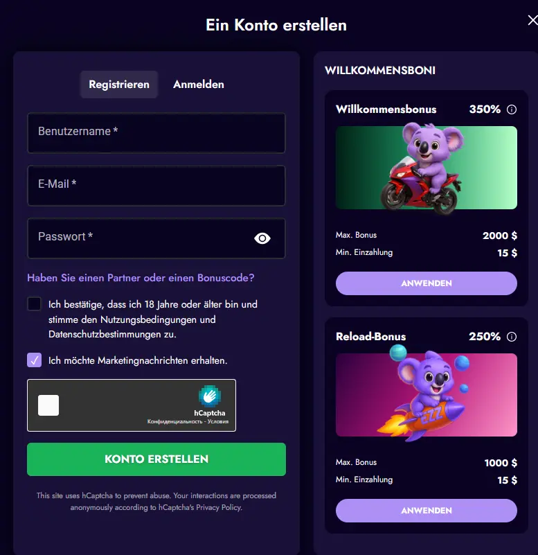 Registrierungsformular bei Ezz Casino