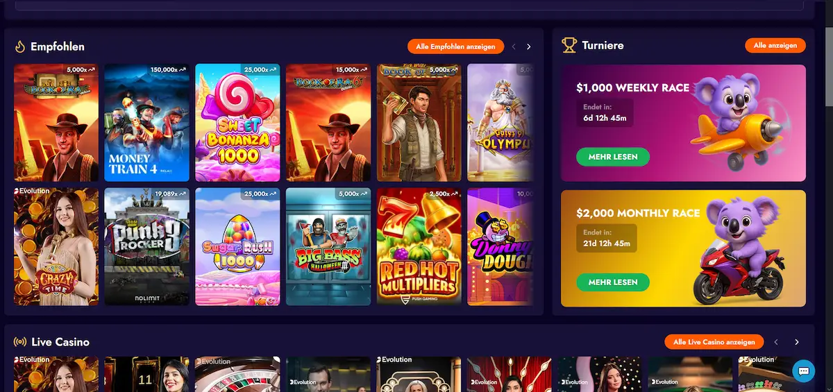 Lobby von Ezz Casino mit Spielübersicht